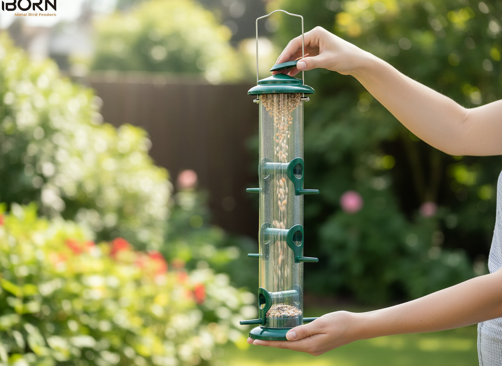 iBorn Metal Bird Feeders 6 Ports Hanging Wild Bird Seed Feeder for Mix Seed Blends, Seed Feeder, Sunflower Heart, Birdba