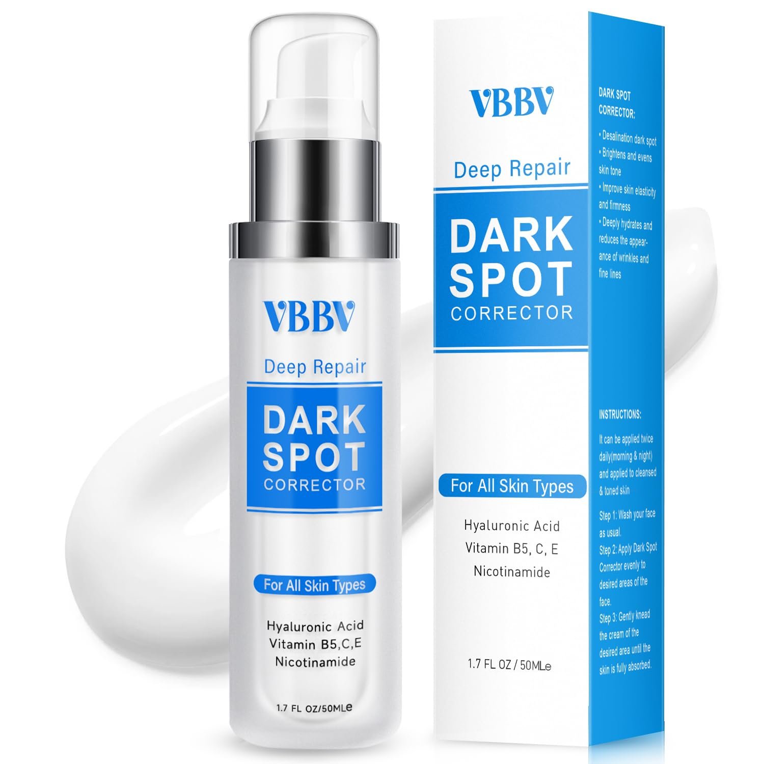 VBBV Dark Spot Remover displayed on bathroom vanity counter with cotton pads and cosmetic accessories